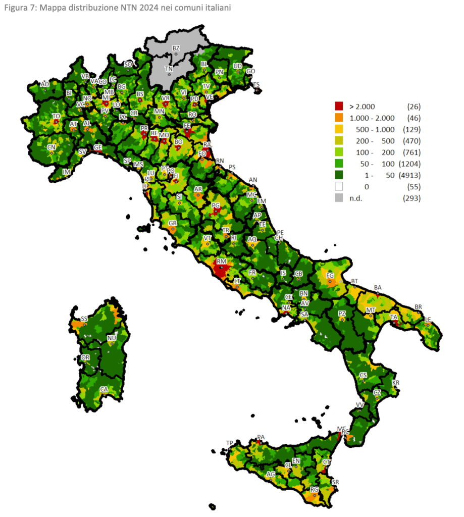 Na mapie poniżej (Figura 7) przedstawiono liczbę transakcji w 2024 r. w poszczególnych włoskich gminach.