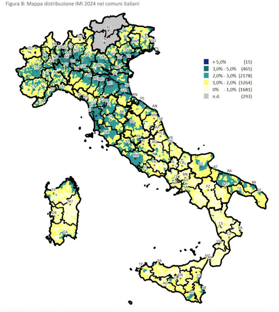 Na mapie poniżej (Figura 8) przedstawiono wskaźnik intensywności rynku w poszczególnych włoskich gminach w 2024 r.